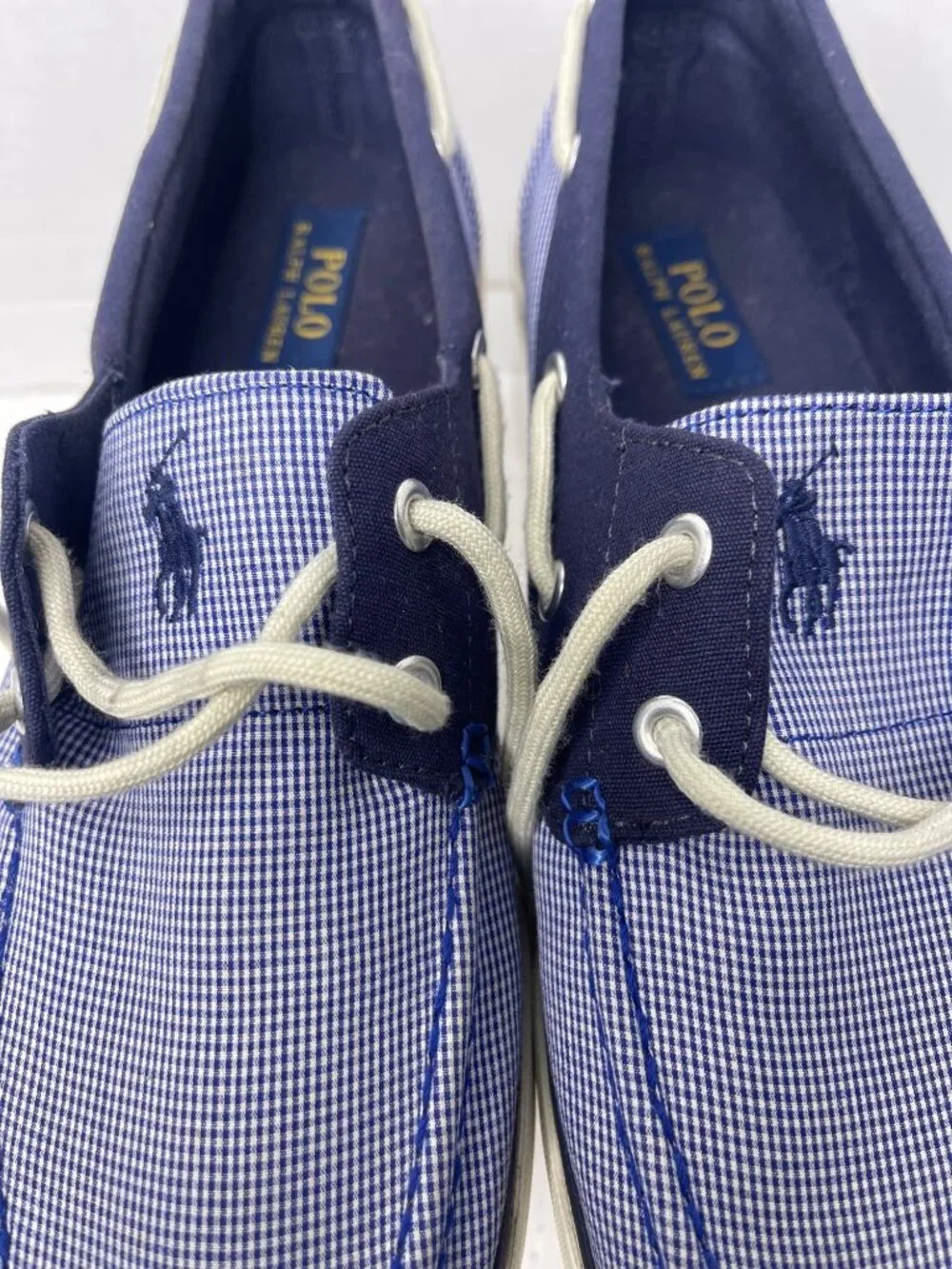 Polo Ralph Lauren Lander Mens Blue Gingham Canvas Lace-Up Boat Shoes SZ 10.5D